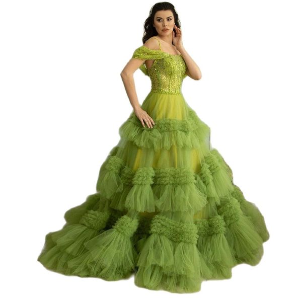 green ruffles tiered prom dresses off the shoulder ball gown evening gown sequined lace saudi arabic formal party dress, Black
green ruffles tiered prom dresses off the shoulder ball gown evening gown sequined lace saudi arabic formal party dress, Black