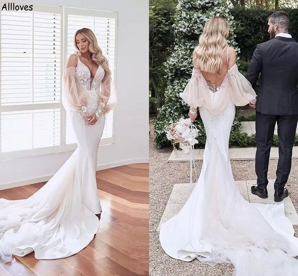 slim fitted mermaid wedding dresses lace flowers spaghetti straps boho garden bridal gowns with puff tulle sleeves elegant satin backless br, White
slim fitted mermaid wedding dresses lace flowers spaghetti straps boho garden bridal gowns with puff tulle sleeves elegant satin backless br, White