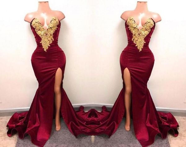 new design 2020 burgundy prom dresses with gold lace appliqued mermaid front split for long party evening wear gowns9359461, Black
new design 2020 burgundy prom dresses with gold lace appliqued mermaid front split for long party evening wear gowns9359461, Black