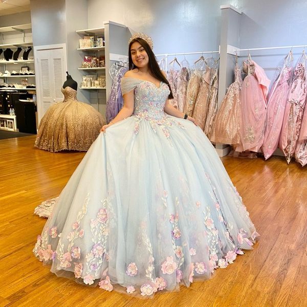 sky blue quinceanera dresses off shoulder 3d flower appliques lace corset for sweet 15 girls party gown vestidos de 15 anos, Blue;red 
sky blue quinceanera dresses off shoulder 3d flower appliques lace corset for sweet 15 girls party gown vestidos de 15 anos, Blue;red