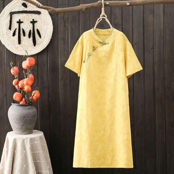 chinese styled retro modified cheongsam cotton and linen dress womens summer short sleeved medium long loose tea, Black;gray
chinese styled retro modified cheongsam cotton and linen dress womens summer short sleeved medium long loose tea, Black;gray