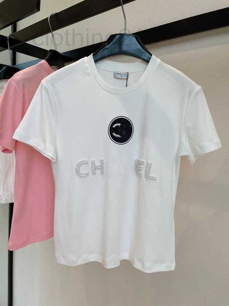 women's t-shirt designer summer new casual versatile style reduced age handmade beaded contrast round neck short sleeve t-shirt h40s, White 
women's t-shirt designer summer new casual versatile style reduced age handmade beaded contrast round neck short sleeve t-shirt h40s, White