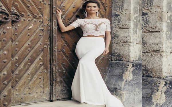 two pieces mermaid wedding dress illusion short sleeve bateau off shoulder romantic lace bridal gown vestidos de 7104156, White
two pieces mermaid wedding dress illusion short sleeve bateau off shoulder romantic lace bridal gown vestidos de 7104156, White
