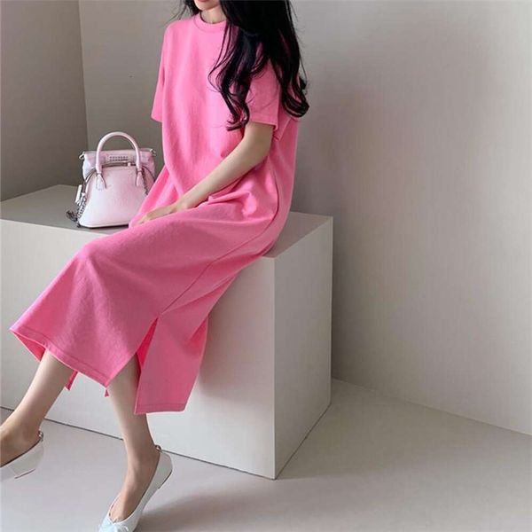 korean loose slim casual short sleeved t shirt dress for women summer mid long knee length cotton split, Black;gray
korean loose slim casual short sleeved t shirt dress for women summer mid long knee length cotton split, Black;gray