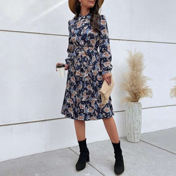 wholesale autumn and winter womens long sleeved lapel floral dress, Black;gray