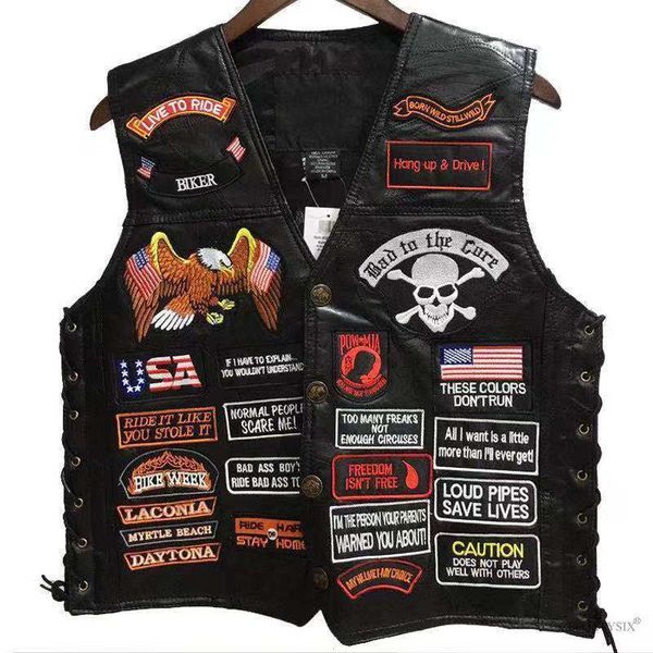 men's vests men's motorcycle leather vests short single breasted 42 patches fashion embroidered sleeveless jacket punk vest for me, Black;white
men's vests men's motorcycle leather vests short single breasted 42 patches fashion embroidered sleeveless jacket punk vest for me, Black;white