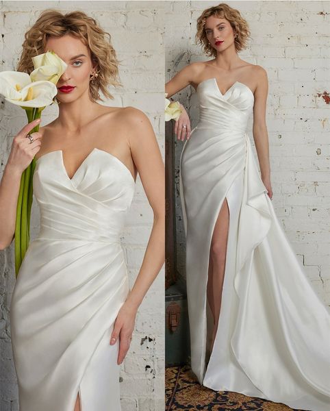 elegant long v-neck satin wedding dresses with overskirt mermaid pleats sweep train ivory vestidos de novia abendkleider bridal gowns for wo, White
elegant long v-neck satin wedding dresses with overskirt mermaid pleats sweep train ivory vestidos de novia abendkleider bridal gowns for wo, White
