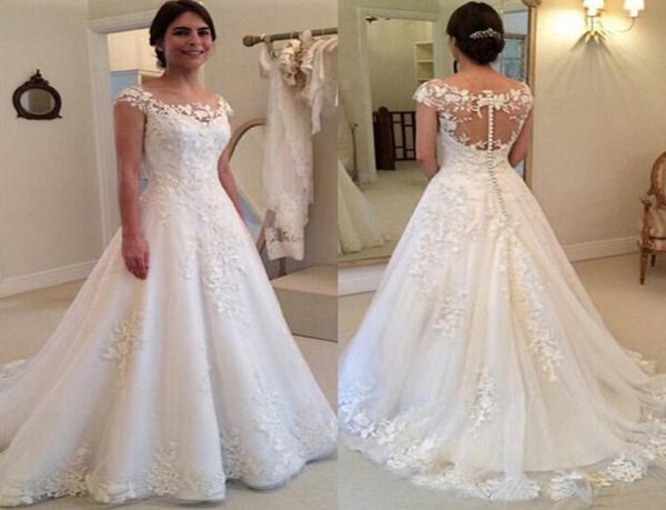 illusion back cap sleeve wedding dress sheer see through bridal dresses with lace appliques covered buttons vestido d4313559, White
illusion back cap sleeve wedding dress sheer see through bridal dresses with lace appliques covered buttons vestido d4313559, White