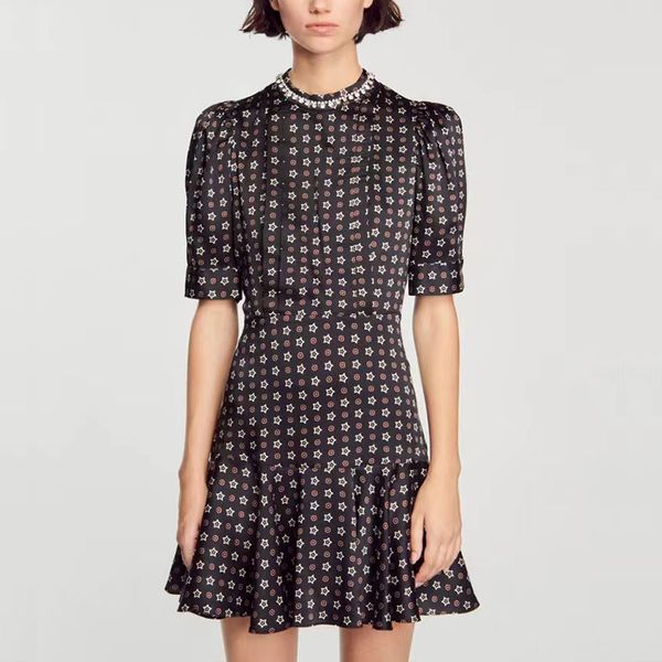 french designer dress with rhinestone round neck and star print bubble sleeves and fishtail ruffle hem, Black;gray
french designer dress with rhinestone round neck and star print bubble sleeves and fishtail ruffle hem, Black;gray