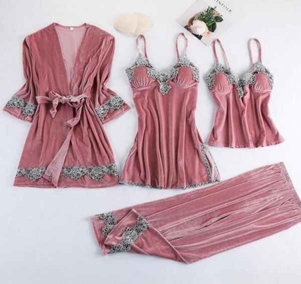 women039s sleepwear 4pc velvet robe sleep suit women lace pajamas grown set vneck cami nighties bathrobe pijama home nightwear36925915648, Black;red