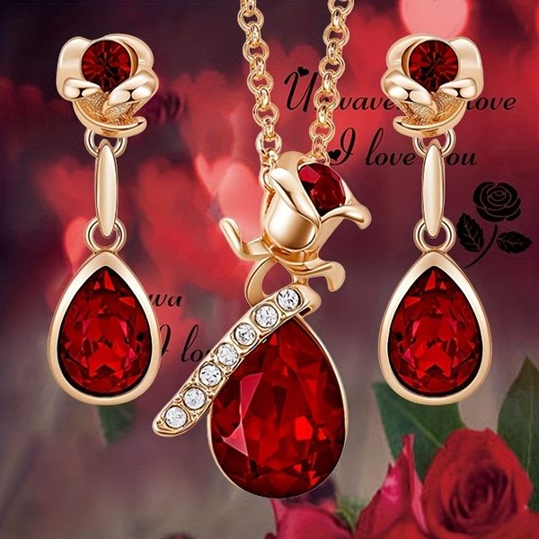 wedding jewelry sets luxury fashion ruby rose flower and droplet shape pendant necklace earrings set for women anniversary gift 230808, Slivery;golden
wedding jewelry sets luxury fashion ruby rose flower and droplet shape pendant necklace earrings set for women anniversary gift 230808, Slivery;golden