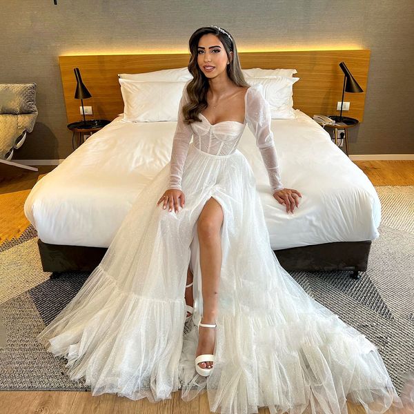 glitter thigh high slits wedding dresses sweetheart long sleeve boho bridal gown ruched boho robe de mariee, White
glitter thigh high slits wedding dresses sweetheart long sleeve boho bridal gown ruched boho robe de mariee, White
