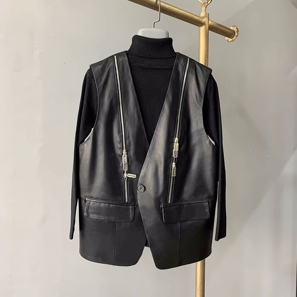womens leather faux vest waistcoat spring autumn genuine female casual zipper vneck one button short 230808, Black
womens leather faux vest waistcoat spring autumn genuine female casual zipper vneck one button short 230808, Black