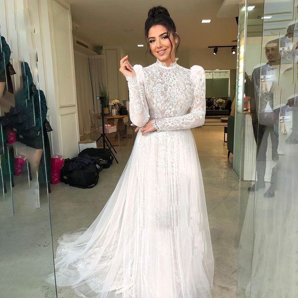 romantic lace a line muslim wedding dresses high neck long sleeve tulle overskirt bridal dress illusion country morocco robe de mariee, White
romantic lace a line muslim wedding dresses high neck long sleeve tulle overskirt bridal dress illusion country morocco robe de mariee, White