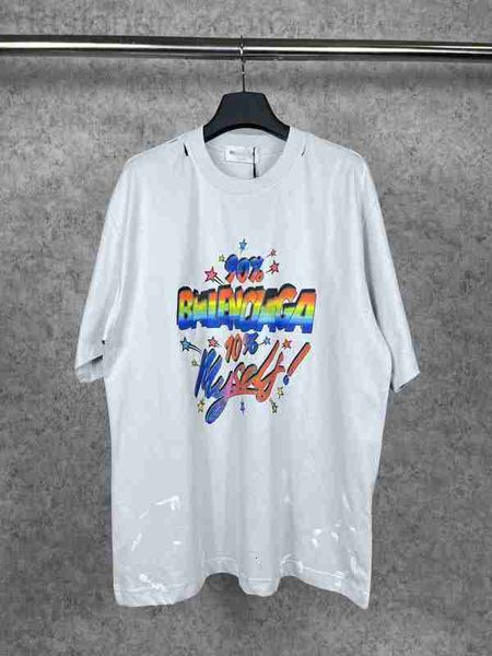women's t-shirt designer high edition luxury fashion b family's new rainbow letter print heavy duty washed old men's and loos, White
women's t-shirt designer high edition luxury fashion b family's new rainbow letter print heavy duty washed old men's and loos, White