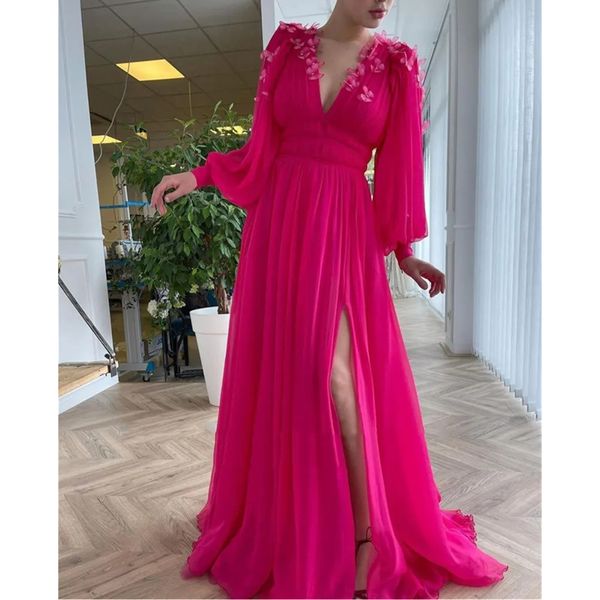 new 2023 bright pink chiffon prom dresses long puff sleeves v neck slit a line evening gowns with 3 d butterfly flowers, Black
new 2023 bright pink chiffon prom dresses long puff sleeves v neck slit a line evening gowns with 3 d butterfly flowers, Black