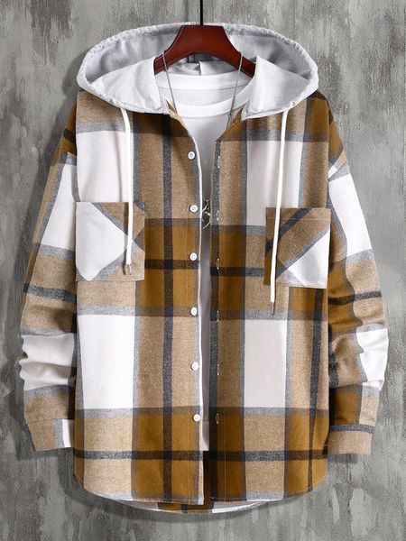 men's casual shirts men hooded plaid shirt with two pockets 230807, White;black
men's casual shirts men hooded plaid shirt with two pockets 230807, White;black