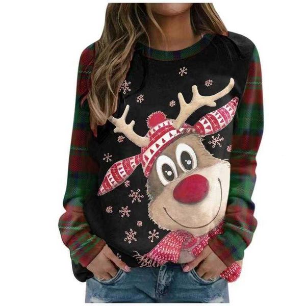 no brand name digital printing women's long sleeve round neck t-shirt sweater, Black