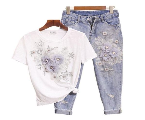 summer fashion women embroidery 3d flower tshirts jeans two pieces set casual hole denim pants suit clothing women039s piece9064969, White
summer fashion women embroidery 3d flower tshirts jeans two pieces set casual hole denim pants suit clothing women039s piece9064969, White