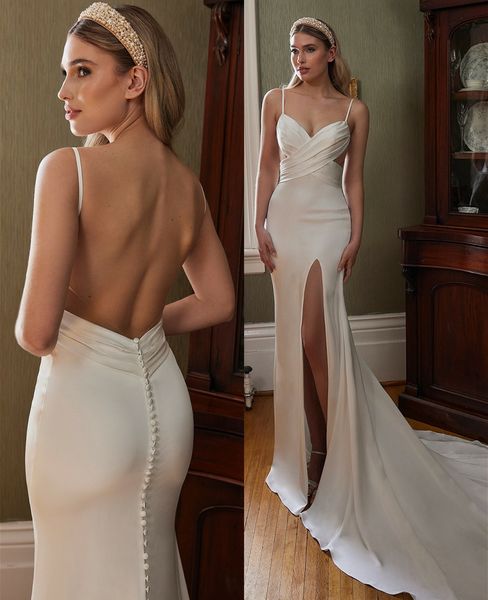 long v-neck satin spaghetti wedding dresses with slit mermaid pleats sweep train ivory vestidos de novia abendkleider bridal gowns for women, White
long v-neck satin spaghetti wedding dresses with slit mermaid pleats sweep train ivory vestidos de novia abendkleider bridal gowns for women, White