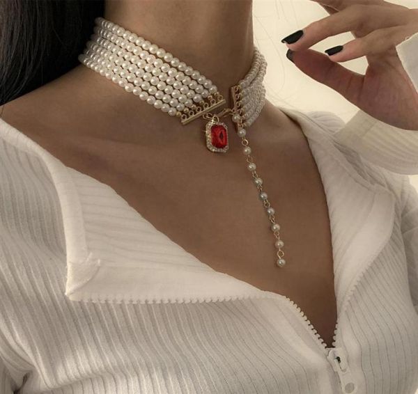 red square jewel pendant necklaces designer light luxury simple temperament imitation pearl clavicle chain handmade multilayer be8783547, Silver 
red square jewel pendant necklaces designer light luxury simple temperament imitation pearl clavicle chain handmade multilayer be8783547, Silver