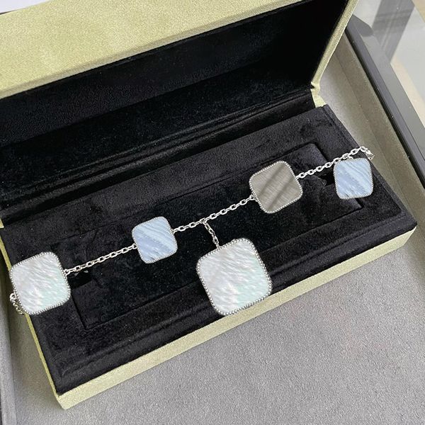 women classic 925 silver bracelet luxury clover square pendant irregular chain bracelet stylish simple silver bracelet with box, Black
women classic 925 silver bracelet luxury clover square pendant irregular chain bracelet stylish simple silver bracelet with box, Black