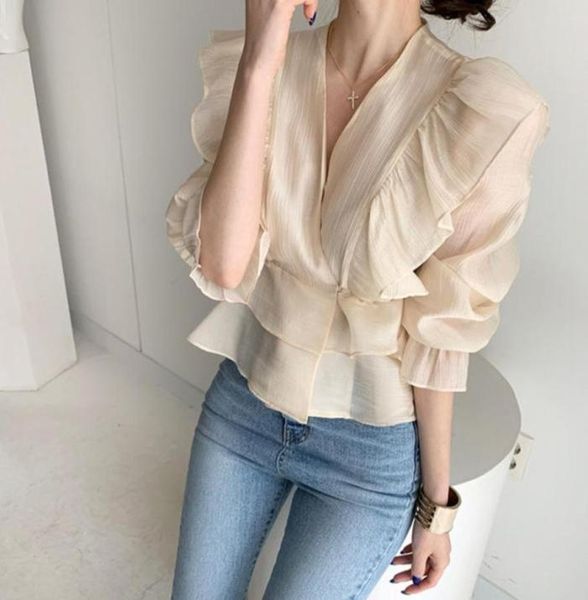 design sense niche minority blouse woman vintage ruffle short sleeve vneck sweet chiffon thin shirt fashion girl 9802643, White
design sense niche minority blouse woman vintage ruffle short sleeve vneck sweet chiffon thin shirt fashion girl 9802643, White
