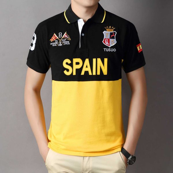 cotton polo shirt men's short sleeve fashion casual sports spain black yellow stitching, White;black
cotton polo shirt men's short sleeve fashion casual sports spain black yellow stitching, White;black