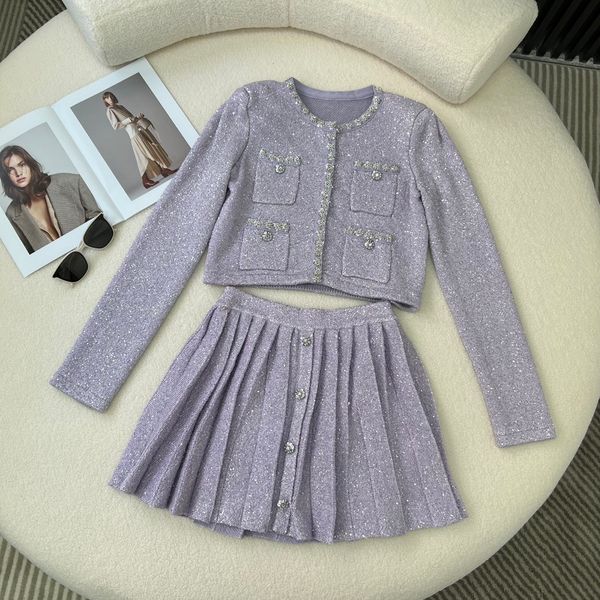 two piece dress european fashion brand purple round neck rhinestone decorative cardigan pleated high waisted skirt, White
