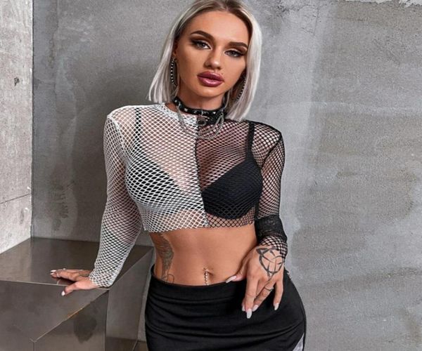 women039s tshirt tees fishnet matching color long sleeve round neck see through the street style 998928, White
women039s tshirt tees fishnet matching color long sleeve round neck see through the street style 998928, White