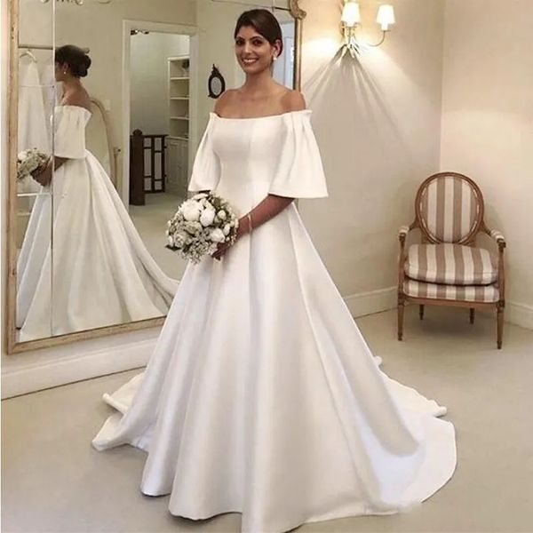off shoulder a line wedding dresses with juliet half sleeves lace appliques bridal gowns lace-up back tulle second recption dress, White
off shoulder a line wedding dresses with juliet half sleeves lace appliques bridal gowns lace-up back tulle second recption dress, White