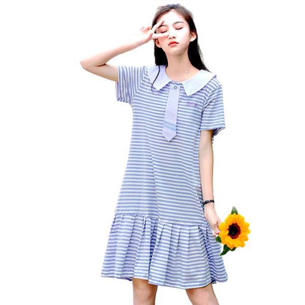 

designer dress new summer short sleeved elastic cotton stripe V-neck with straight cut ruffles, Blue