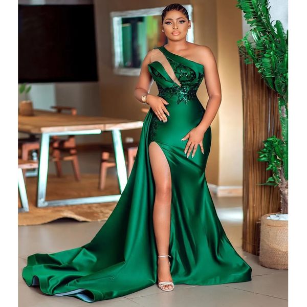 2024 arabic aso ebi green mermaid prom dresses one shoulder lace evening dresses high split formal party second reception gowns, Black
2024 arabic aso ebi green mermaid prom dresses one shoulder lace evening dresses high split formal party second reception gowns, Black