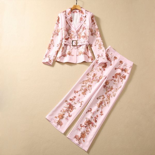 european and american women's clothing 2023 autumn new long-sleeved pink printed belt jacket wide leg pants fashion suit, White
european and american women's clothing 2023 autumn new long-sleeved pink printed belt jacket wide leg pants fashion suit, White
