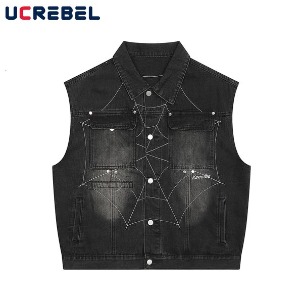 mens jackets spider web distressed sleeveless jacket hip hop embroidery denim loose outerwear 230808, Black;brown
mens jackets spider web distressed sleeveless jacket hip hop embroidery denim loose outerwear 230808, Black;brown