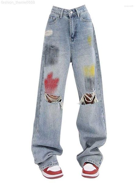 women's jeans retro graffiti design ripped women summer high waist straight tube loose sagging wide leg pants, Blue
women's jeans retro graffiti design ripped women summer high waist straight tube loose sagging wide leg pants, Blue