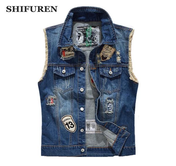 shifuren ripped denim vest men fashion patch designs cowboy frayed jeans sleeveless jackets punk rock motorcycle waistcoat2156459, Black;white
shifuren ripped denim vest men fashion patch designs cowboy frayed jeans sleeveless jackets punk rock motorcycle waistcoat2156459, Black;white