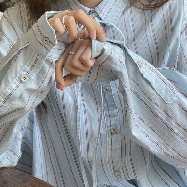 sea salt blue striped shirt for womens loose preppy style early autumn design, White
sea salt blue striped shirt for womens loose preppy style early autumn design, White