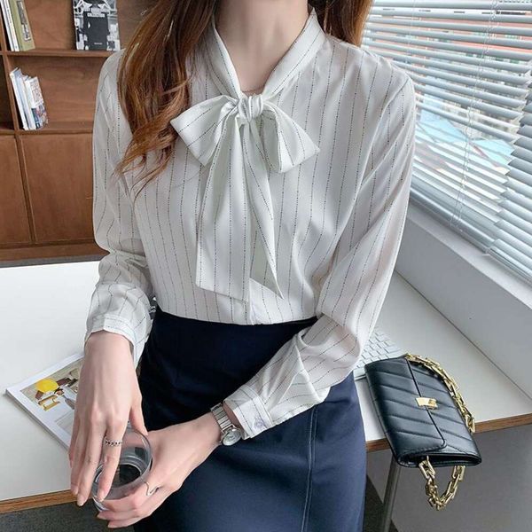 commuting design niche striped shirt womens spring and autumn korean style temperament bow chiffon top, White
commuting design niche striped shirt womens spring and autumn korean style temperament bow chiffon top, White
