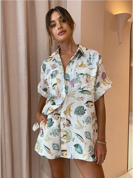 women's two piece pants sea fish printed shirts shorts suit female holiday lapel single breasted short sleeve loose elastic waist pants, White
women's two piece pants sea fish printed shirts shorts suit female holiday lapel single breasted short sleeve loose elastic waist pants, White