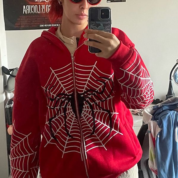 women's hoodies sweatshirts spider web red graphic women sweatshirts harajuku vintage grunge y2k zip up hoodie loose couple jacket hood, Black
women's hoodies sweatshirts spider web red graphic women sweatshirts harajuku vintage grunge y2k zip up hoodie loose couple jacket hood, Black