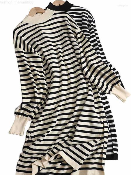 casual dresses striped retro sweater women's autumn winter half high neck loose long over female the knee open knit dress, White
casual dresses striped retro sweater women's autumn winter half high neck loose long over female the knee open knit dress, White