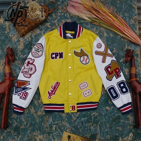 mens jackets heavy industry embroidery cowhide soft calfskin sheepskin leather jacket slimfit standup collar yellow baseball uniform 230809, Black;brown
mens jackets heavy industry embroidery cowhide soft calfskin sheepskin leather jacket slimfit standup collar yellow baseball uniform 230809, Black;brown