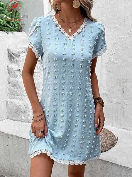 casual dresses fashion women summer solid color jacquard a-line dress patchwork design lace decor v-neck petal short sleeve loose mini, White
casual dresses fashion women summer solid color jacquard a-line dress patchwork design lace decor v-neck petal short sleeve loose mini, White