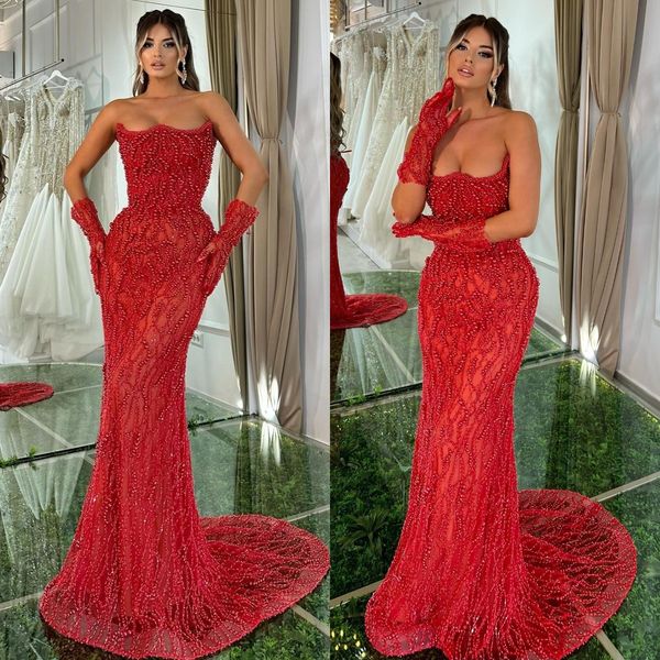 elegant red pearls mermaid evening dresses strapless party prom dress sweep train formal long red carpet dress for special occasion, Black;red
elegant red pearls mermaid evening dresses strapless party prom dress sweep train formal long red carpet dress for special occasion, Black;red