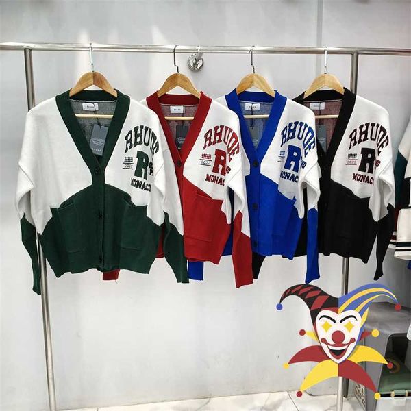 red green black blue colorblock rhude v-neck knitted cardigan men women jacquard rhude sweater inside tags, White;black
red green black blue colorblock rhude v-neck knitted cardigan men women jacquard rhude sweater inside tags, White;black