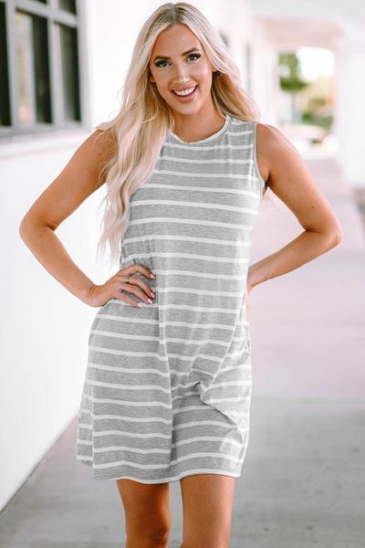 summer dress women stripe print o-neck sleeveless mini dress with side pockets, Black;gray
summer dress women stripe print o-neck sleeveless mini dress with side pockets, Black;gray