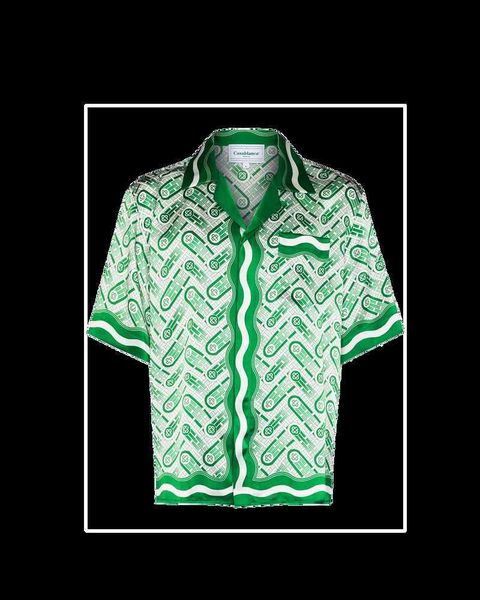 casablanca button up shirt style shirt with green floral lettering loose fitting men's and women's versatile trendy short sleeved, White;black
casablanca button up shirt style shirt with green floral lettering loose fitting men's and women's versatile trendy short sleeved, White;black
