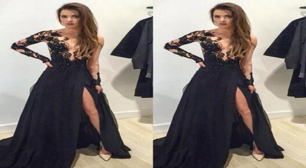 prom dresses side split black chiffon a line with long illusion sleeve appliques chiffon vestido longo evening dress applique5591275
prom dresses side split black chiffon a line with long illusion sleeve appliques chiffon vestido longo evening dress applique5591275