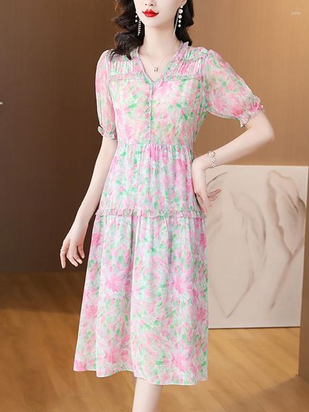 

Casual Dresses Summer Pink Floral Silk Short Sleeve Ruffled V-neck Midi Dress 2023 Korean Vintage Evening Women Elegant Bodycon Prom Robe, Mixed color